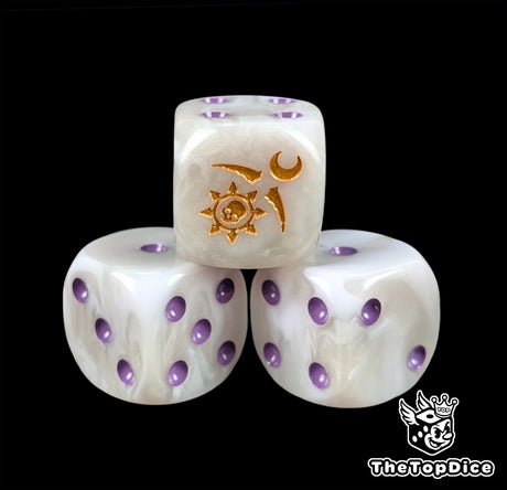 Close up of a pale white 16mm resin D6 die engraved with a gold crescent sigil and purple pips