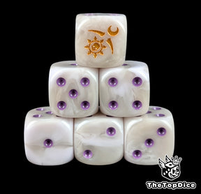 Pale white 16mm D6 dice with a gold crescent sigil emblem and purple pips for sci-fi wargaming