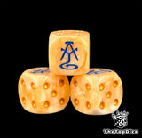 Three peach 16mm aelf D6, the blue rune facing front beside gold pips