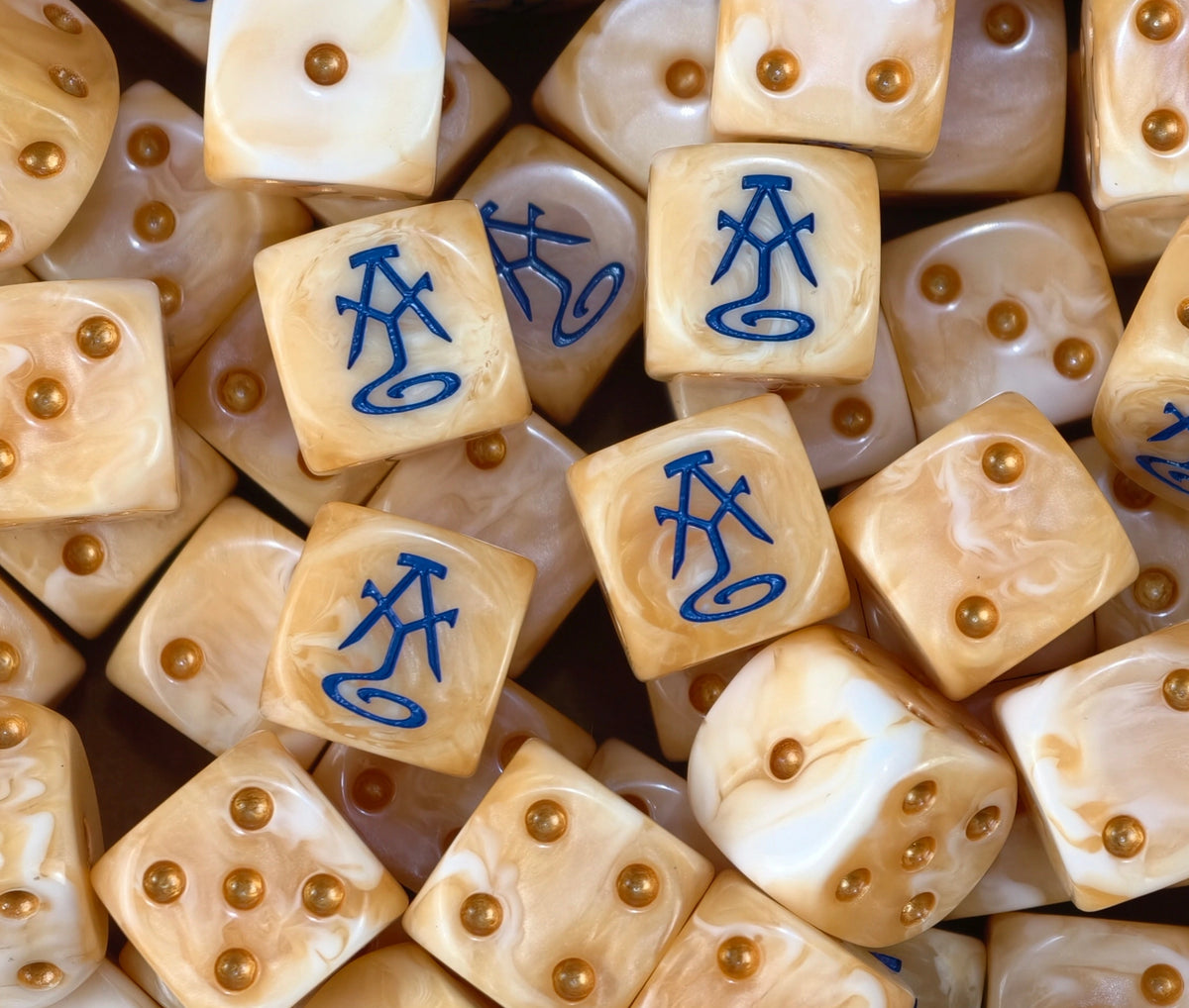 A pile of peach high elf dice, blue runes and gold pips repeating