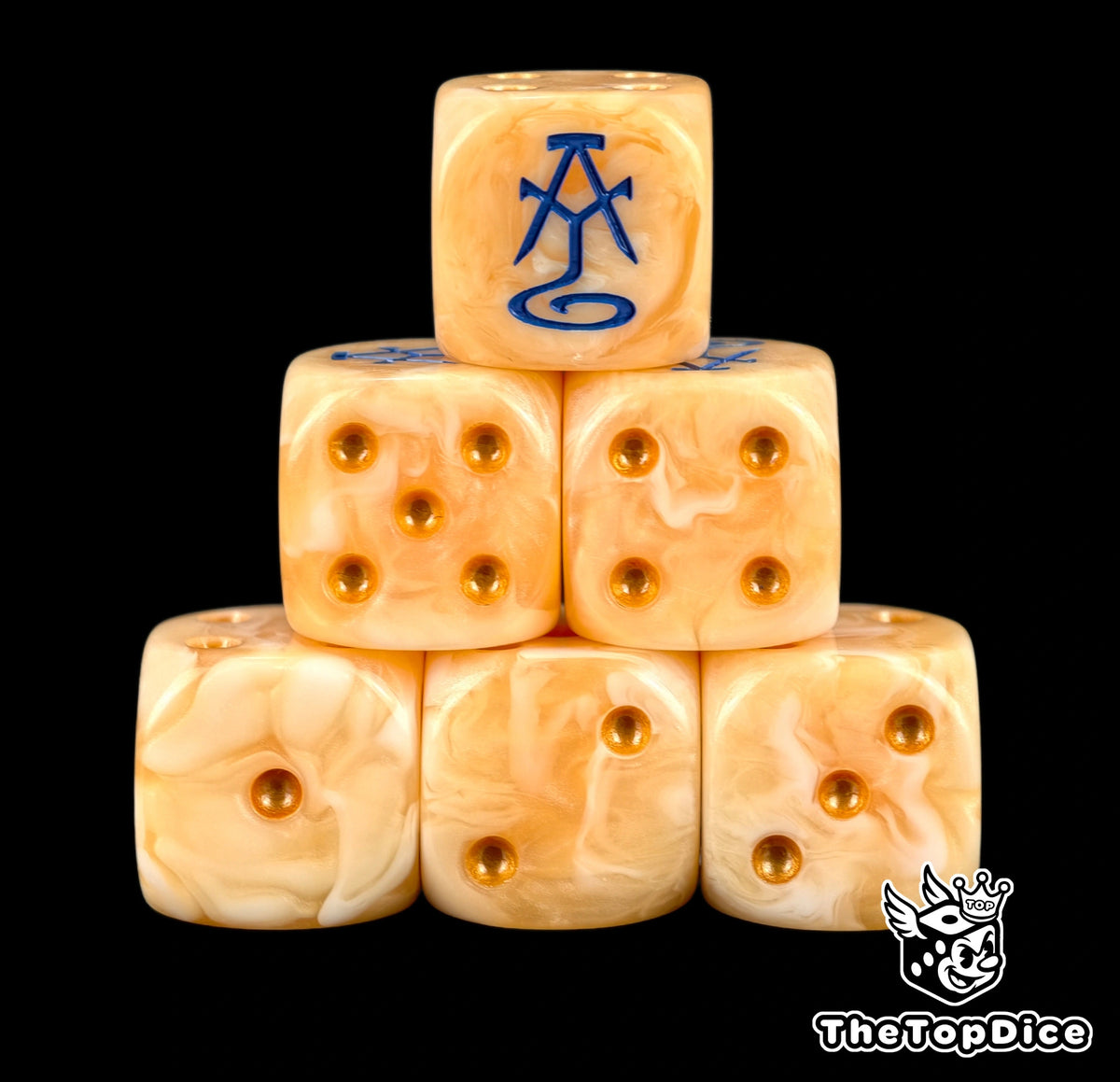 Six peach Lumineth Realm-lords dice stacked, blue aelf rune above gold pips