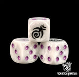 Three white Hedonite dice with purple pips and a black spiral moon