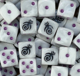 A pile of pearl white Slaanesh D6 with purple pips and black spirals