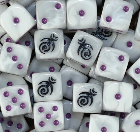 A pile of pearl white Slaanesh D6 with purple pips and black spirals