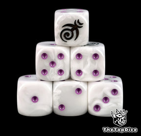 Six pearl white Slaanesh D6 stacked, purple pips and a black spiral