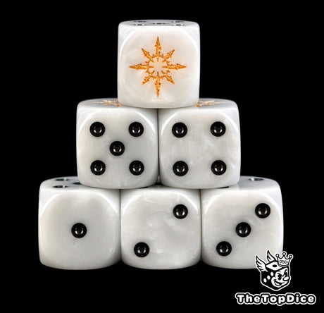 Six pearl white chaos D6 stacked, black pips and a gold chaos star