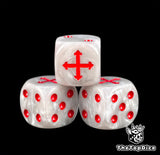 Three pearl white 16mm Space Marine D6, red cross engraved beside red pips