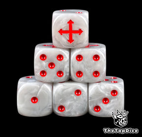 Six pearl white Fire Angels dice stacked, red crusade cross above red pips