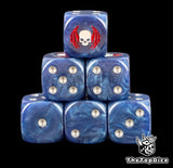 Six steel blue Night Lords D6 stacked, pearl pips and a ringed skull