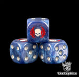 Three steel blue Night Lords dice with pearl pips and a ringed sigil