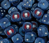 A pile of steel blue Night Lords D6 with pearl pips and sigils