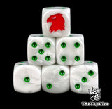 Six pearl white Mentors D6 stacked, green pips and a red eagle head