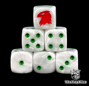 Six pearl white Mentors D6 stacked, green pips and a red eagle head