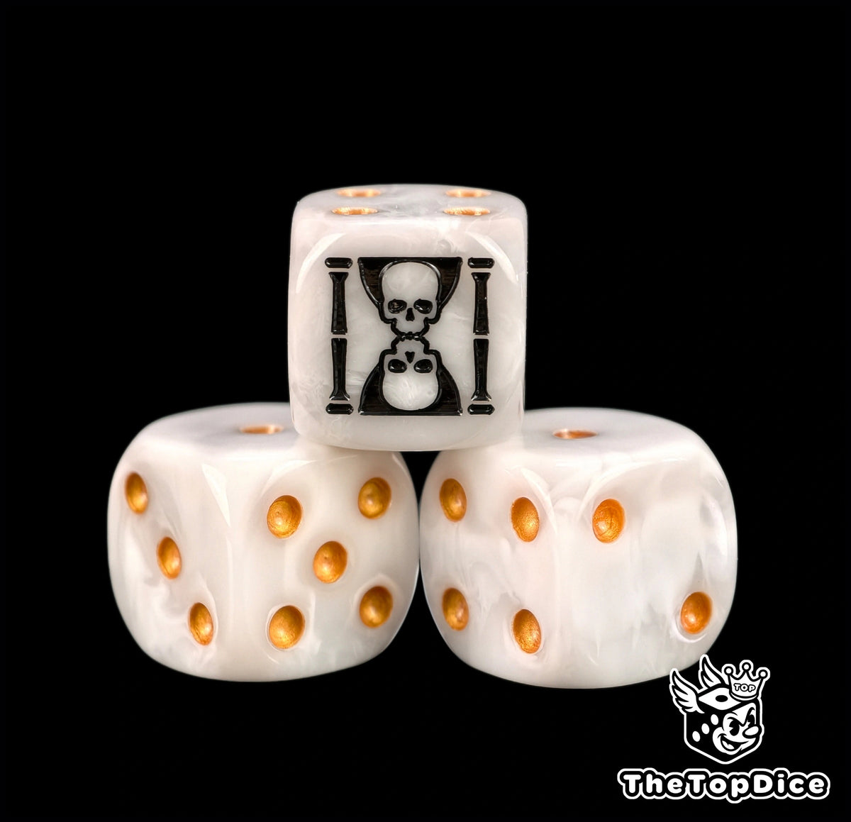 Three pearl Star Phantoms dice with a black skull hourglass emblem
