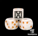 Three pearl Star Phantoms dice with a black skull hourglass emblem
