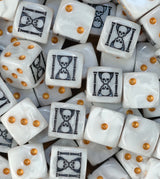 A pile of white Star Phantoms D6 with black skull hourglasses