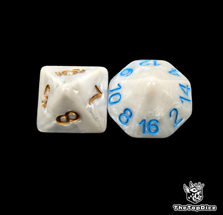 Close up of a bone white D8 and D16 with bronze numbers for scatter and long range rolls