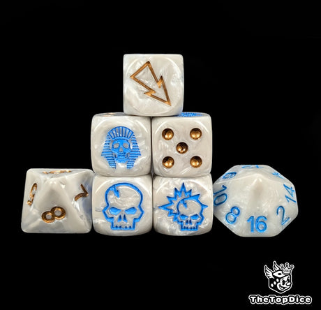 Bone white pharaoh skeleton fantasy football dice set of seven 16mm resin dice compatible with Blood Bowl