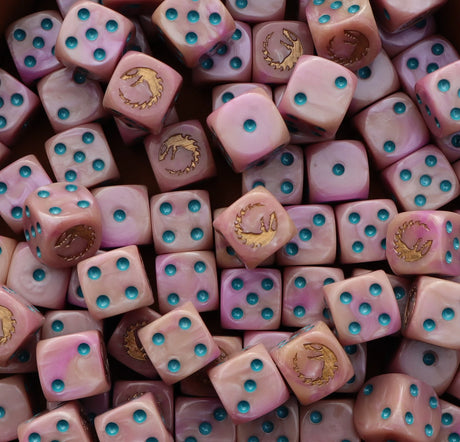 Pile of pink 16mm D6 dice with gold hive sigils for a sci-fi brood army