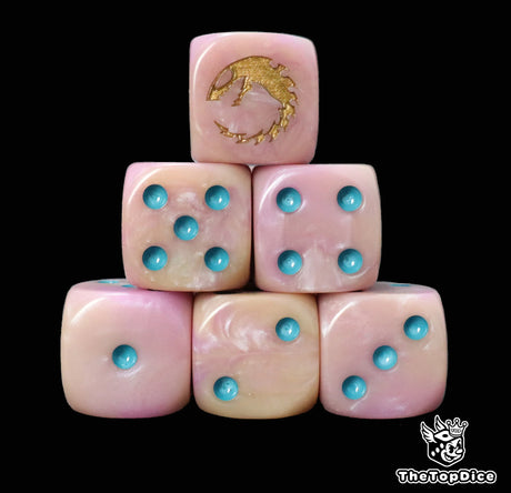 Pink 16mm D6 dice with a gold hive sigil emblem and blue pips for sci-fi wargaming