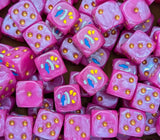 Pile of pink chaos daemon 16mm D6 dice for a fantasy daemon army