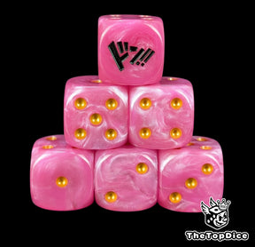 Pink 16mm D6 counter dice with gold pips for anime pirate TCG