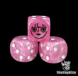 Close up of a pink 16mm resin D6 die engraved with a black ghost princess emblem and white pips