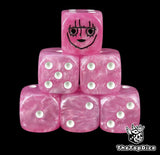 Pink 16mm D6 counter dice with a black ghost princess emblem and white pips for anime pirate TCG