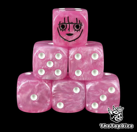 Pink 16mm D6 counter dice with a black ghost princess emblem and white pips for anime pirate TCG