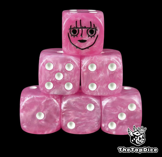 Pink 16mm D6 counter dice with a black ghost princess emblem and white pips for anime pirate TCG