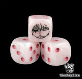 Close up of a pink 16mm resin D6 die engraved with a black officer emblem and fuchsia pips