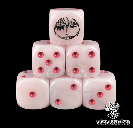 Pink 16mm D6 counter dice with a black officer emblem and fuchsia pips for anime pirate TCG