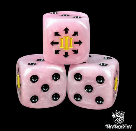 Close-up of three pink 16mm grimdark D6 dice engraved with a gold legion numeral emblem
