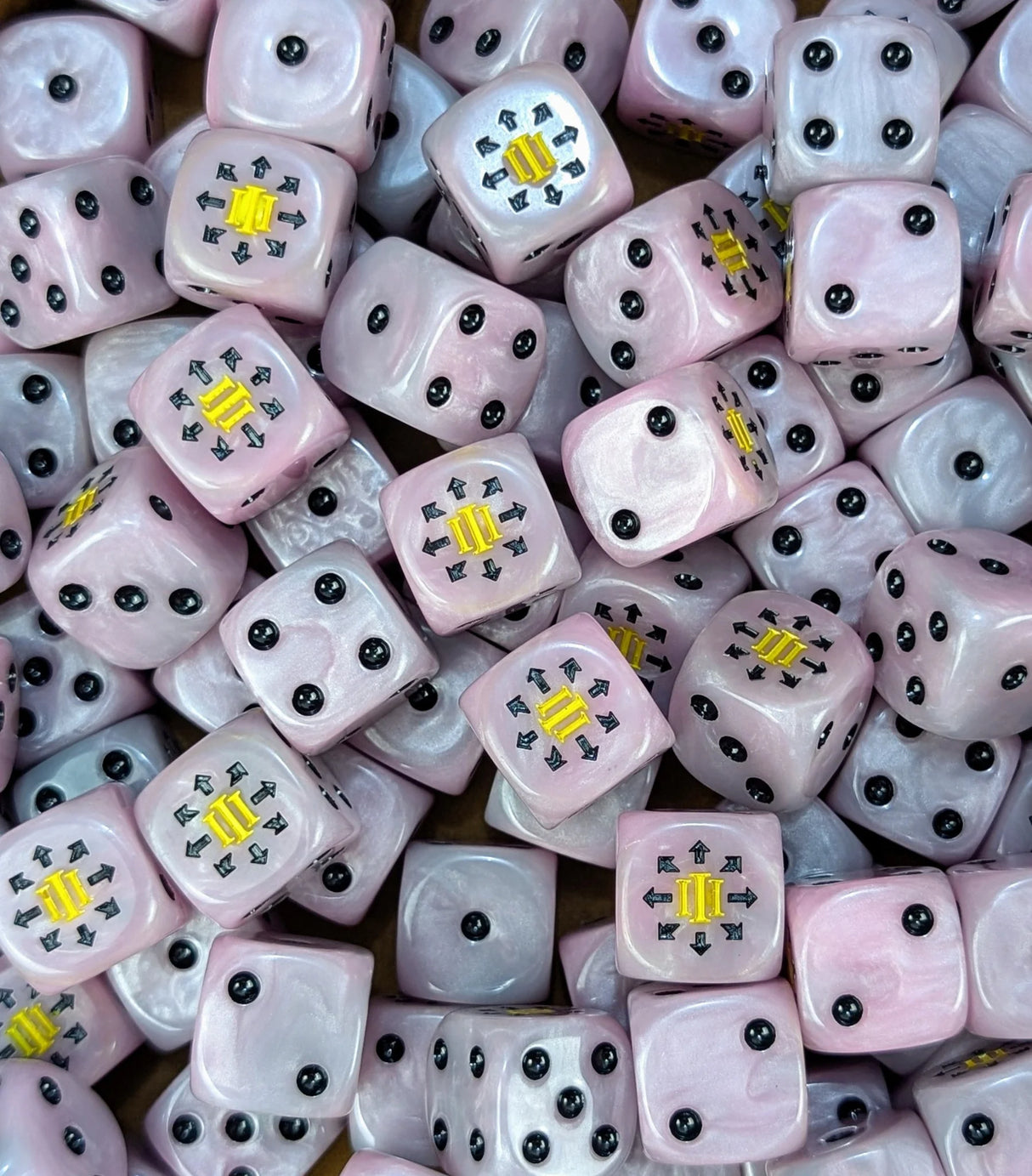 Full tray of pink Pink Numeral Legion D6 dice for tabletop wargaming and RPGs