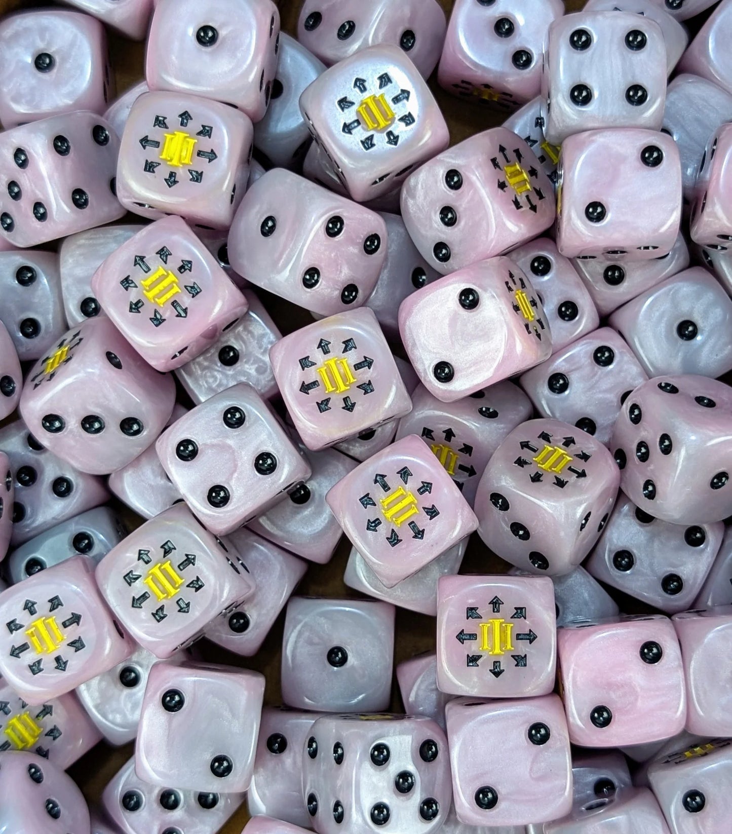 Full tray of pink Pink Numeral Legion D6 dice for tabletop wargaming and RPGs