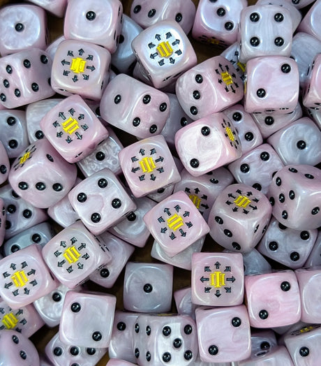 Full tray of pink Pink Numeral Legion D6 dice for tabletop wargaming and RPGs