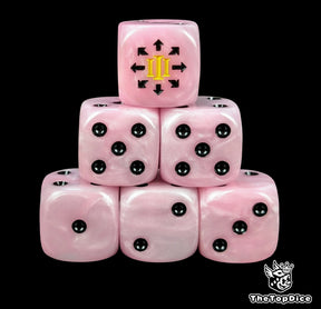 Pink 16mm resin D6 dice with gold legion numeral emblem and black pips, hand painted for sci-fi sonic warbands and tabletop wargaming