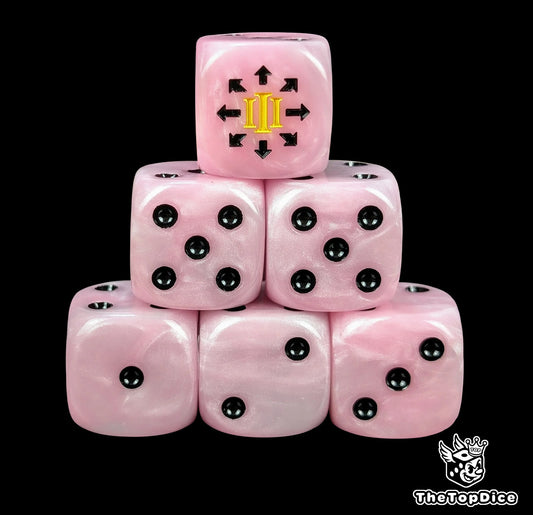 Pink 16mm resin D6 dice with gold legion numeral emblem and black pips, hand painted for sci-fi sonic warbands and tabletop wargaming