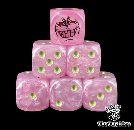 Pink 16mm D6 counter dice with a black villain emblem and yellow pips for anime pirate TCG
