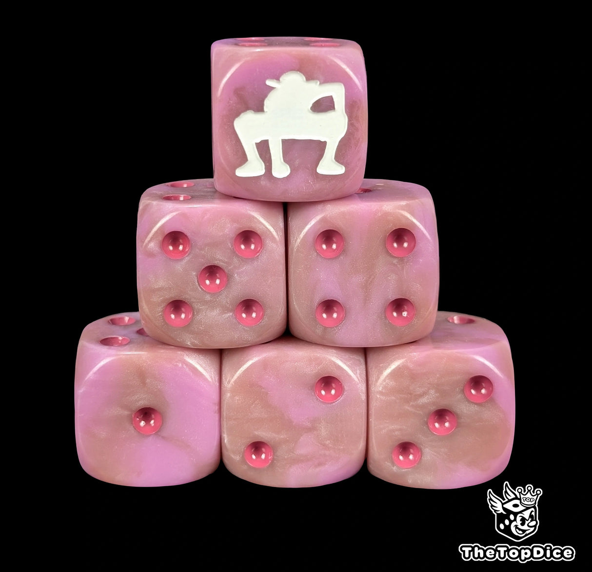 Pink 16mm D6 counter dice with a white steam fighter emblem for anime pirate TCG