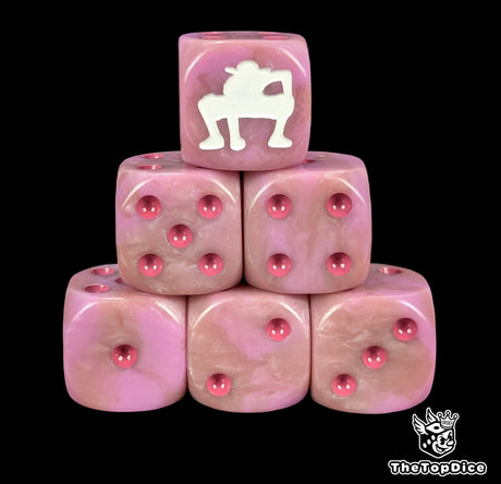 Pink 16mm D6 counter dice with a white steam fighter emblem for anime pirate TCG