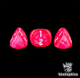 Raspberry pink 16mm three sided dice, three of them shown at close range
