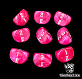 Strawberry pink D3 dice laid out three by three, nine with white numbering