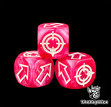 White arrows never bleeding into the pink on a strawberry 16mm scatter die, three shown close up