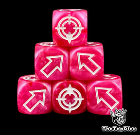 Strawberry pink resin under white arrows, six dice stacked, warmer than the neon shades