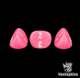 Close view of three pink 16mm three sided dice and their painted digits