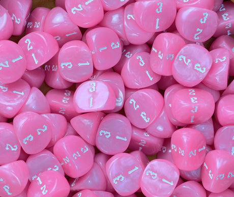 Dozens of fuchsia D3 dice in a tray, one to three, for a roleplaying session