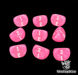 Hot fuchsia D3 dice in a nine die grid, white numbers 1 to 3 on show