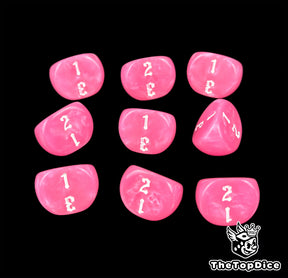 Hot fuchsia D3 dice in a nine die grid, white numbers 1 to 3 on show
