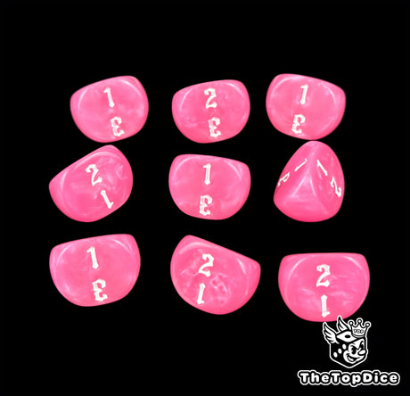 Hot fuchsia D3 dice in a nine die grid, white numbers 1 to 3 on show